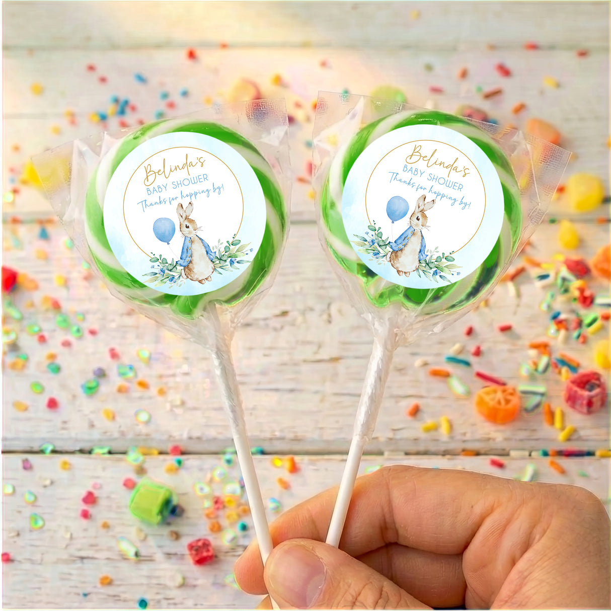 Peter Rabbit green baby shower personalised lollipop with bunny label, wrapped candy