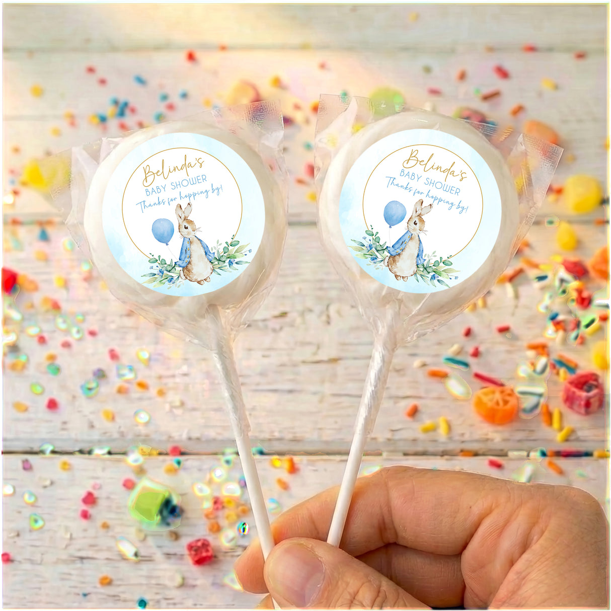 Peter Rabbit pale baby shower personalised lollipop with bunny label, wrapped candy