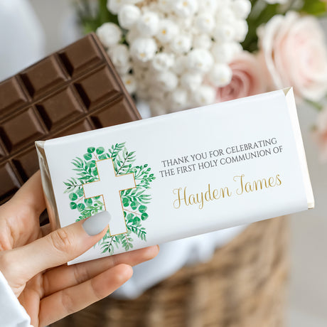 First Holy Communion thank-you chocolate bar with green leafy cross, name Hayden James.