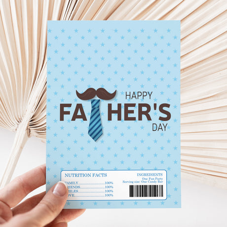 Blue DIY chocolate wrapper with mustache, tie, Happy Father's Day and nutrition facts