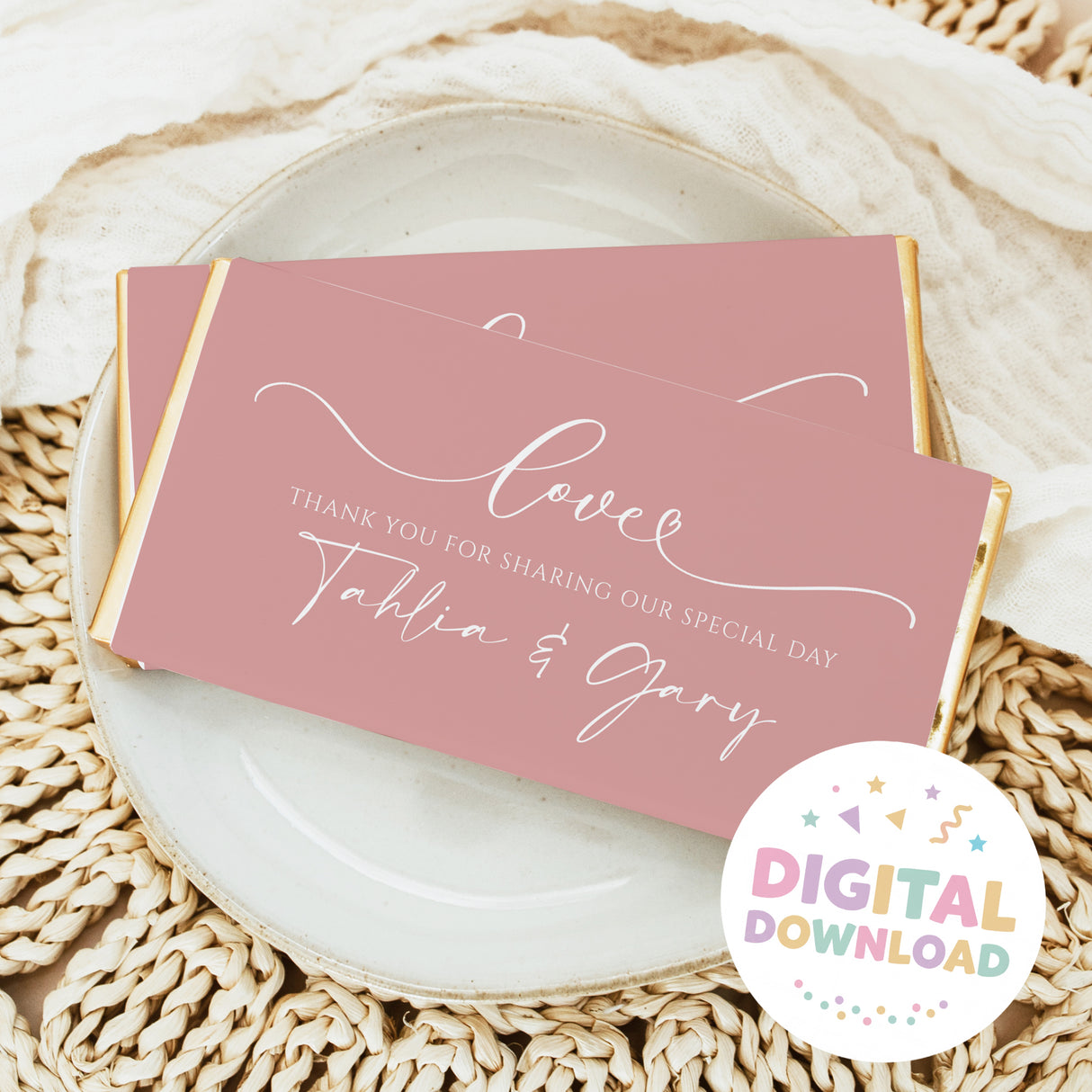 Dusty pink wedding chocolate bar wrapper with Love and Thank-you text