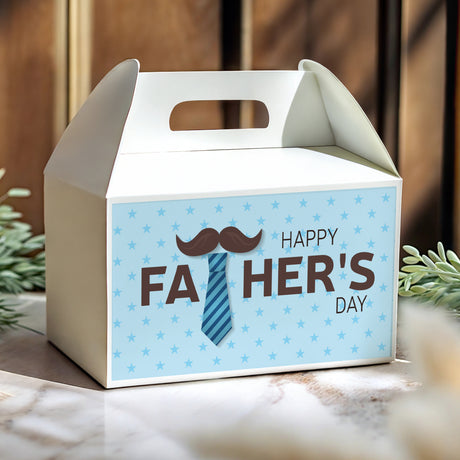 Father’s Day gable favor box with handle cut-out, blue stars, mustache and tie graphic