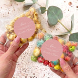 Dusty pink personalised popcorn bag with clear wrap and round pink 'Love' label