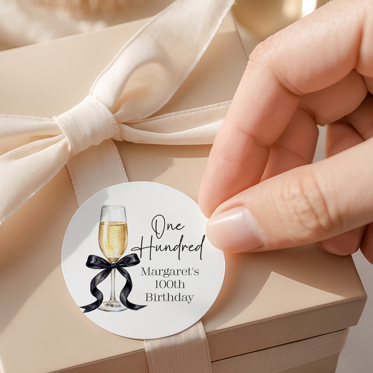 Champagne 100th Birthday Round Printed Labels