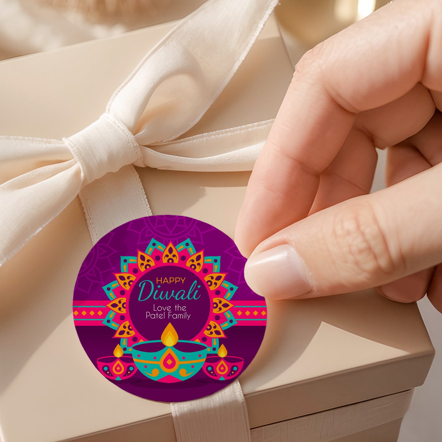 Vibrant Purple Diwali Round Printed Labels