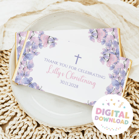 Christening chocolate bar wrapper with pastel butterfly border, cross, and thank you text
