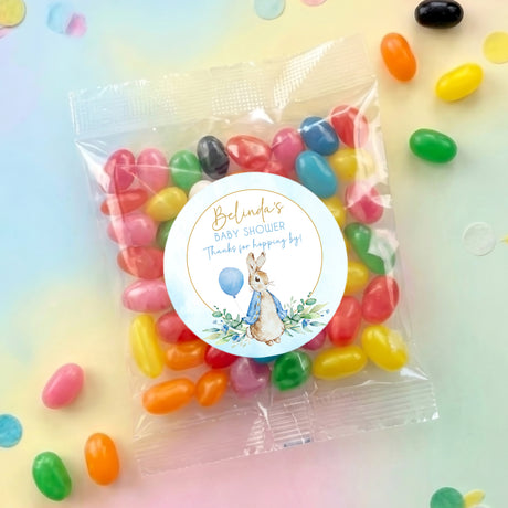 Clear jelly bean bag with blue bunny label, filled with colorful candy beans