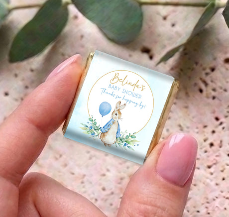 Blue Peter Rabbit mini chocolates with Belinda label, rabbit and balloon illustration