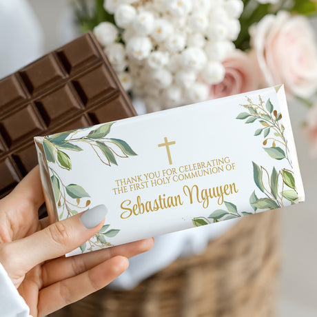 Custom confirmation chocolate bar with botanical green wrapper and gold text