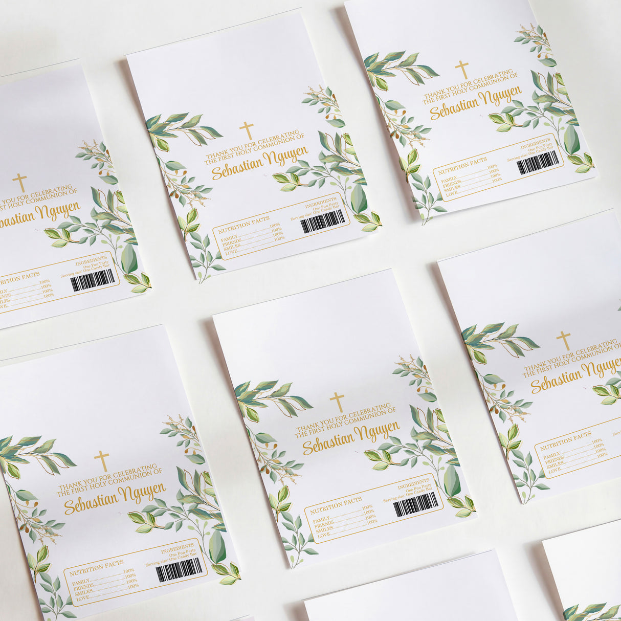 First Holy Communion chocolate wrappers, green leaf pattern with cross and name fields