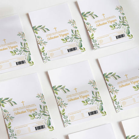 First Holy Communion chocolate wrappers, green leaf pattern with cross and name fields