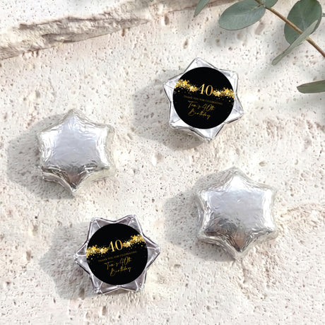 40th birthday foil-covered chocolate stars, silver with black personalized 40 card topper