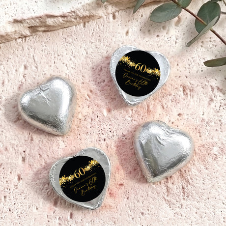 Silver foil chocolate hearts with black 60 birthday topper, heart shape