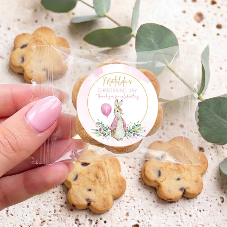 Personalised Peter Rabbit chocolate chip cookie with round christening label: Matilda's Day