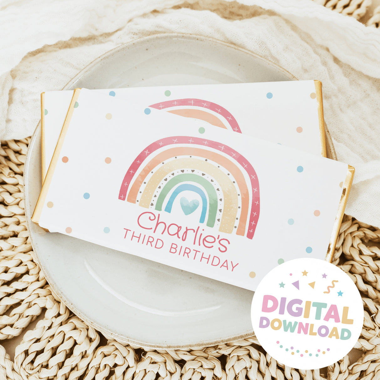 Chocolate bar wrapper with pastel rainbow, 'Third Birthday' text, digital download badge
