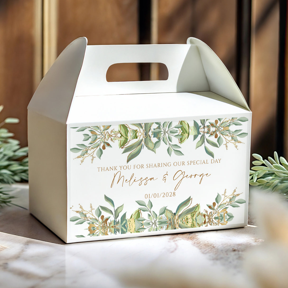 Personalised gable wedding favour box, white with green foliage and gold accents; names & date printed