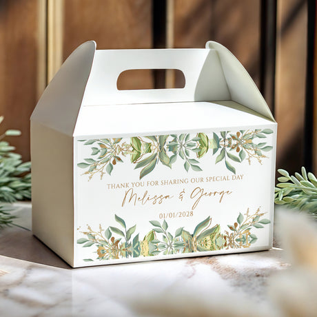 Personalised gable wedding favour box, white with green foliage and gold accents; names & date printed