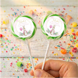 Green round lollipops with Peter Rabbit first birthday label, Talayah name on sticks