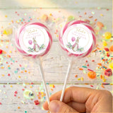 Pink round lollipops with Peter Rabbit birthday label, personalized Talayah on sticks