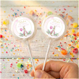 Clear-wrapped round lollipops with Peter Rabbit birthday label, personalized Talayah on sticks