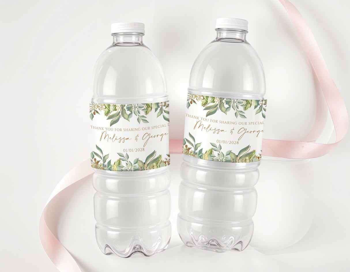 Personalised water bottle labels with green leaves and gold geometric accents on two bottles