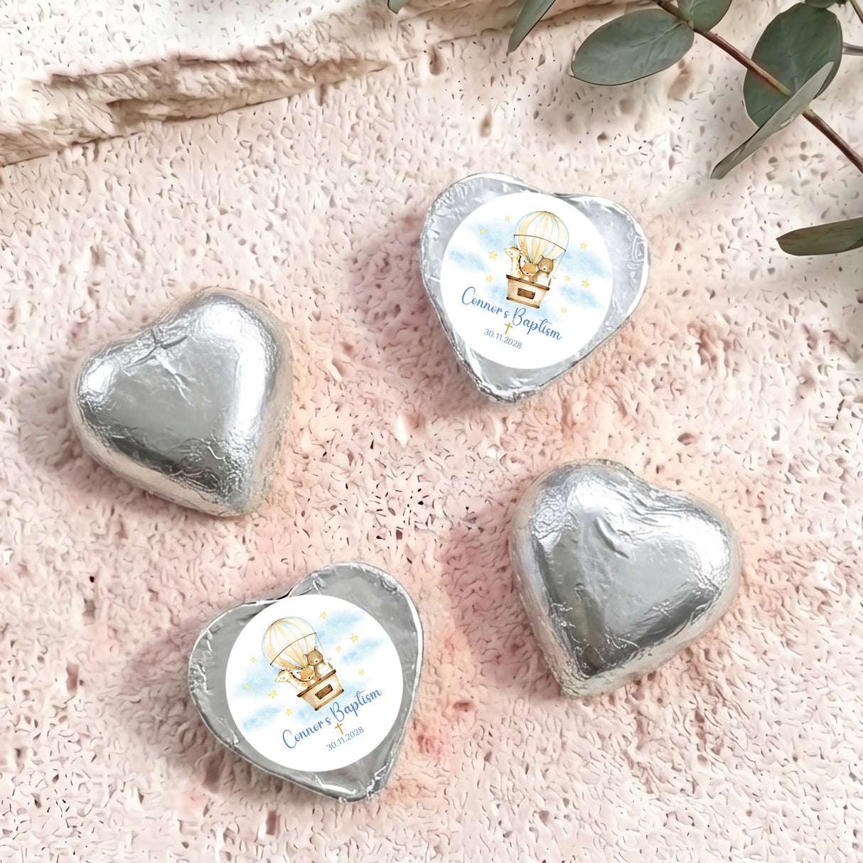 Foil-covered chocolate heart favors, silver, with baptism hot-air-balloon label