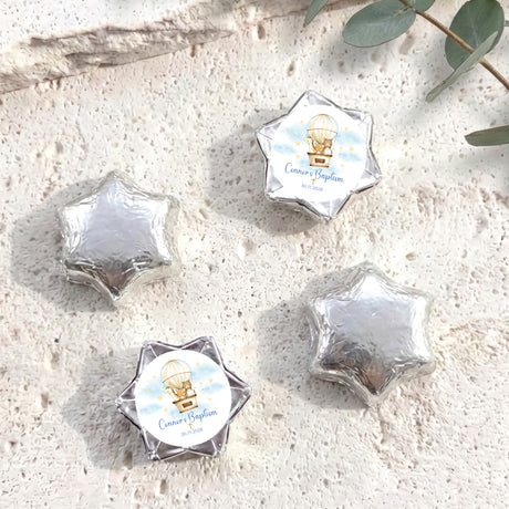 Set of five silver star-shaped foil chocolates with baptism label and balloon motif