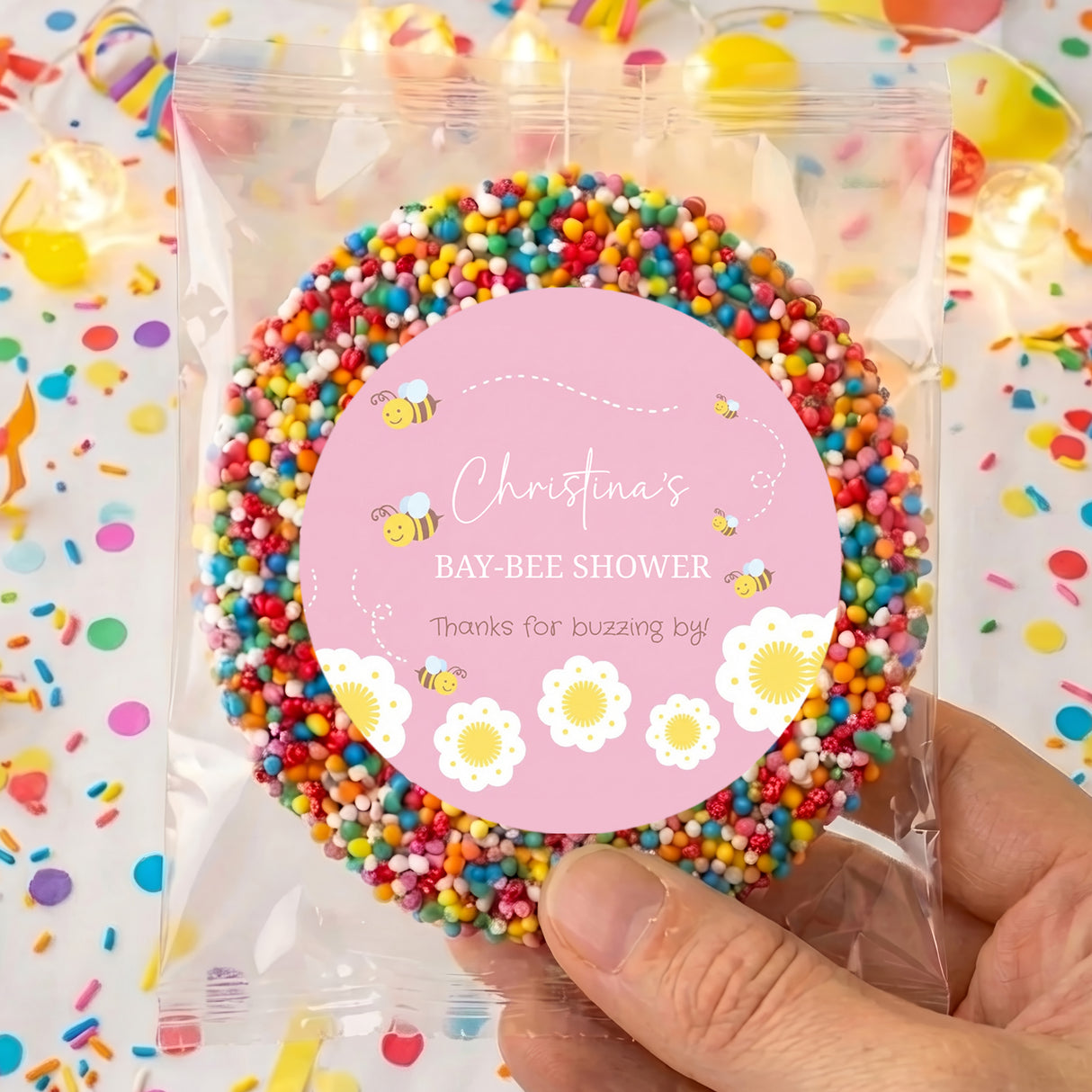 Personalised pink baby shower giant freckles in clear bag with multicolor sprinkles