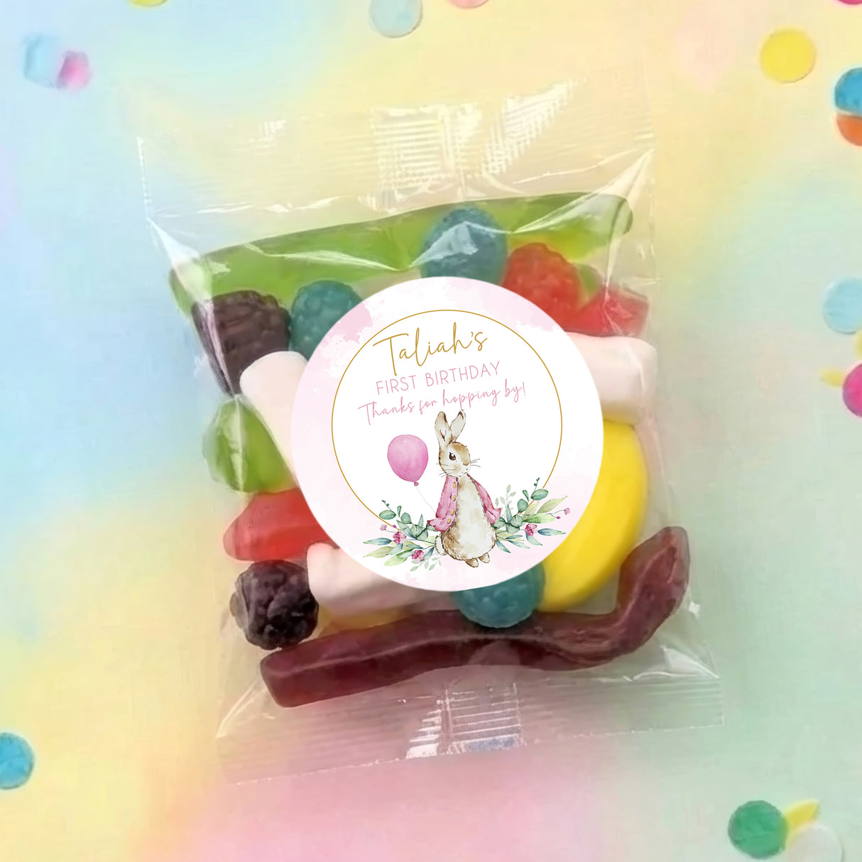 Pink first birthday personalised party mix lolly bag with circular bunny label