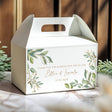 White gable wedding favour box with green foliage design and personalised name & date