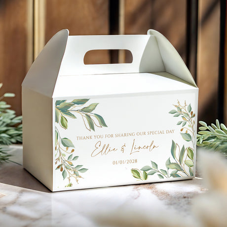White gable wedding favour box with green foliage design and personalised name & date