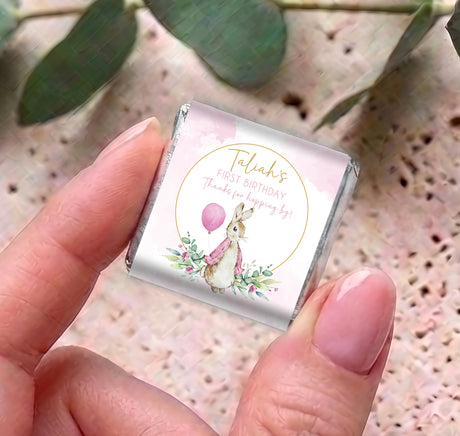 Taliah First Birthday pink Peter Rabbit mini chocolates in foil wrapper