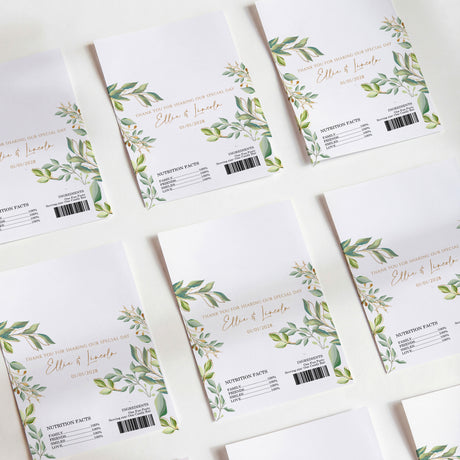 DIY chocolate wrappers, white with green-gold botanical print and nutrition panel