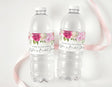 Personalised bridal shower bottle labels on two clear water bottles with pink floral design