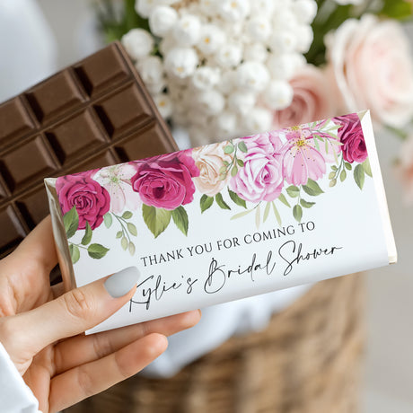 Floral bridal shower chocolate bar wrapper, pink roses and thank-you text