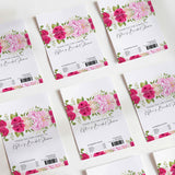 Hot pink floral bridal shower chocolate wrappers, thank-you note design and barcode