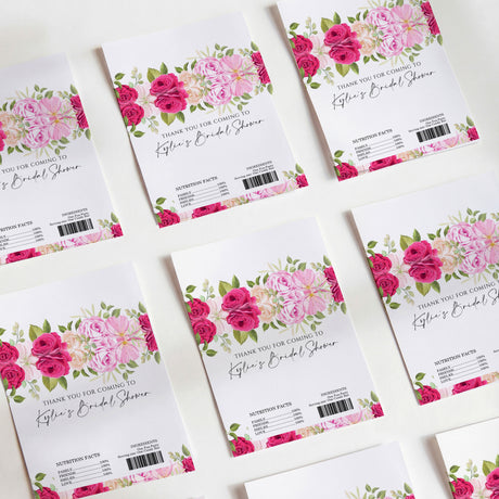 Hot pink floral bridal shower chocolate wrappers, thank-you note design and barcode