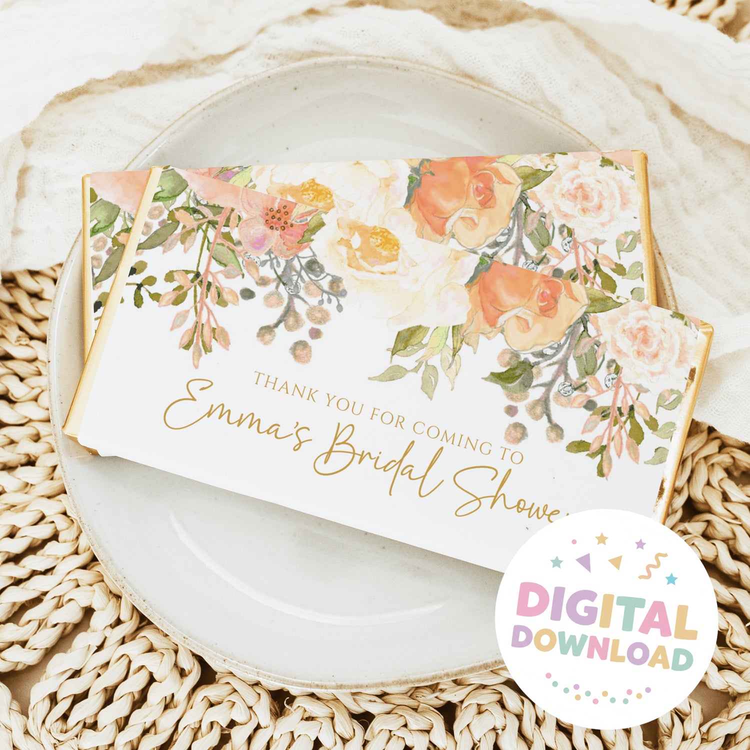 Bridal shower chocolate bar wrapper with floral bouquets and gold text: 'Thank you for coming'