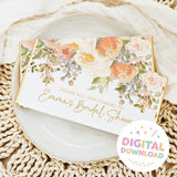 Bridal shower chocolate bar wrapper with floral bouquets and gold text: 'Thank you for coming'