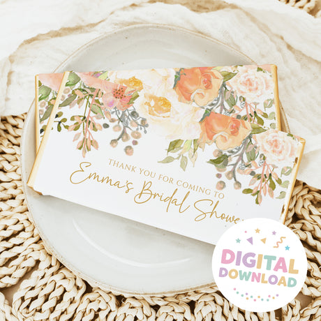 Bridal shower chocolate bar wrapper with floral bouquets and gold text: 'Thank you for coming'