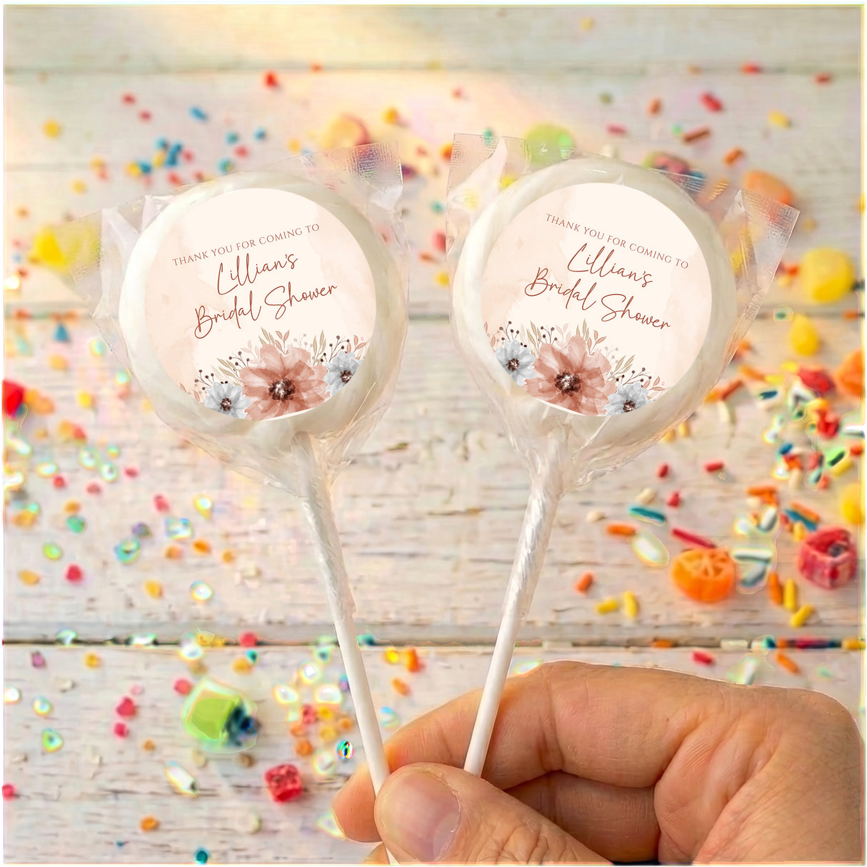 Personalized bridal shower lollipops with plain rim and floral thank-you labels