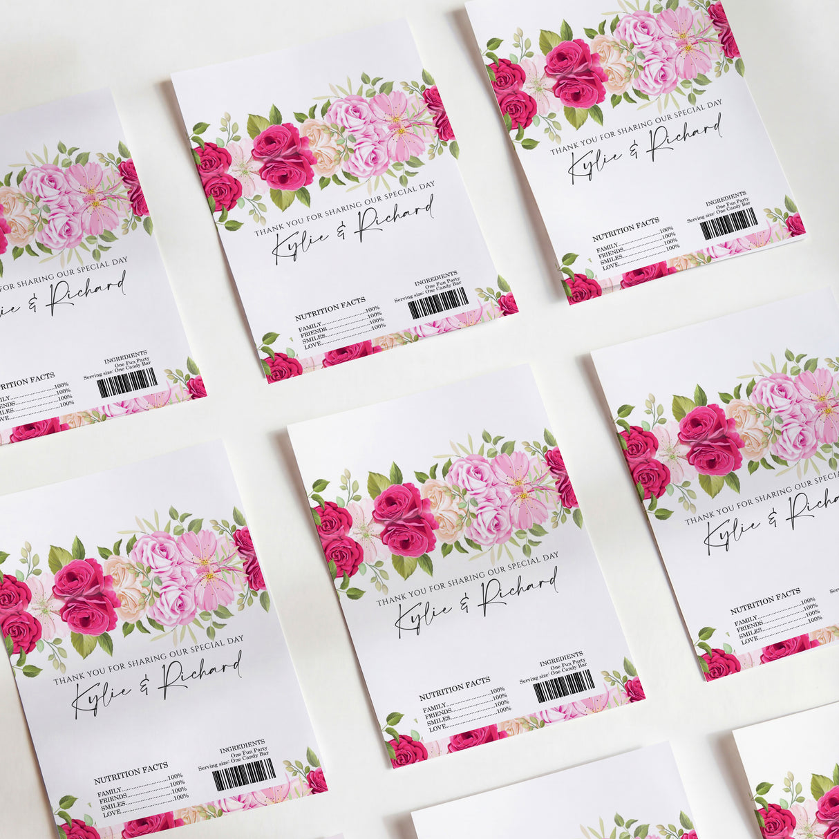 Floral chocolate wrapper set with hot pink and pink roses on white