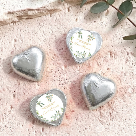 Personalised foil-covered chocolate hearts, silver with printed gift message circle