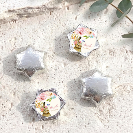 Personalised foil-covered chocolate star with floral bunny label, silver