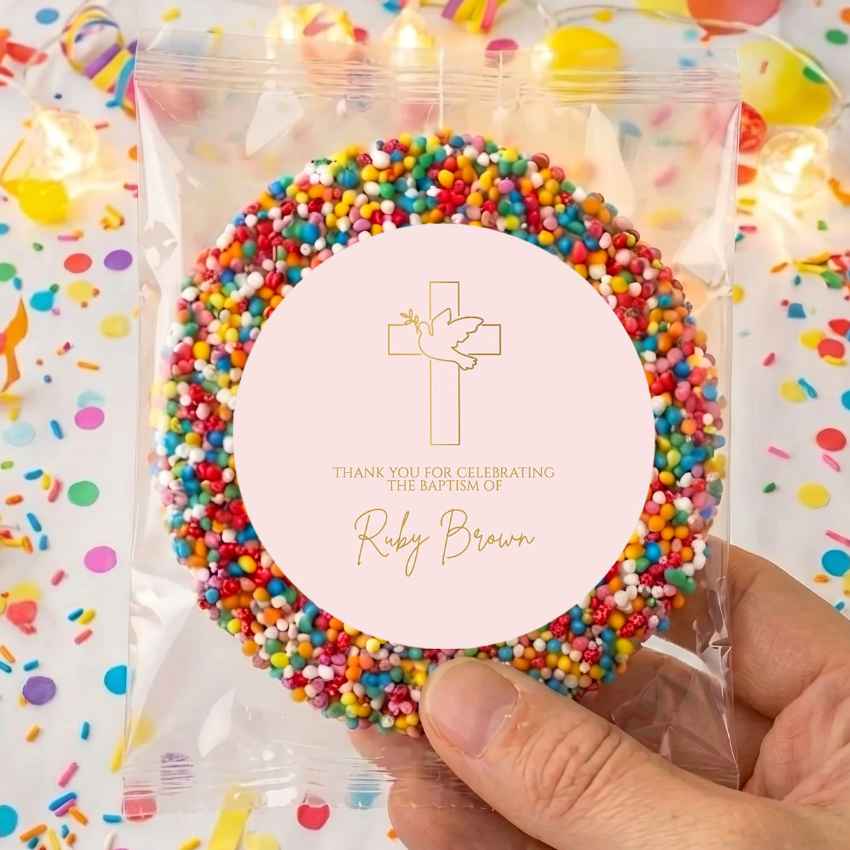 Personalised baptism giant freckles treat bag with bead garland and pink thank-you card