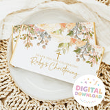 Christening chocolate bar wrapper with peach-and-cream florals, cross, and thank-you text