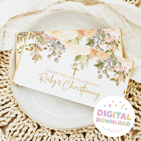 Christening chocolate bar wrapper with peach-and-cream florals, cross, and thank-you text