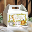 Jungle gable favour box, white with animal artwork and 'HARLEN IS TWO WILD'.