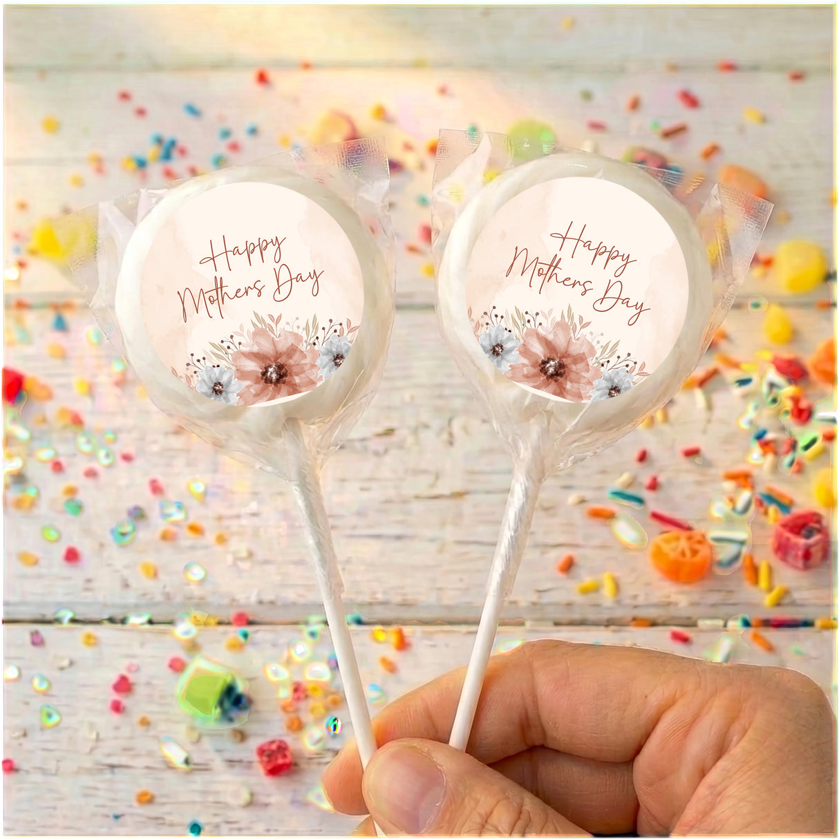 Mother's Day lollipops: clear wrappers with floral "Happy Mother's Day"