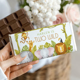 Jungle-themed chocolate bar wrapper with giraffe, elephant and lion illustrations